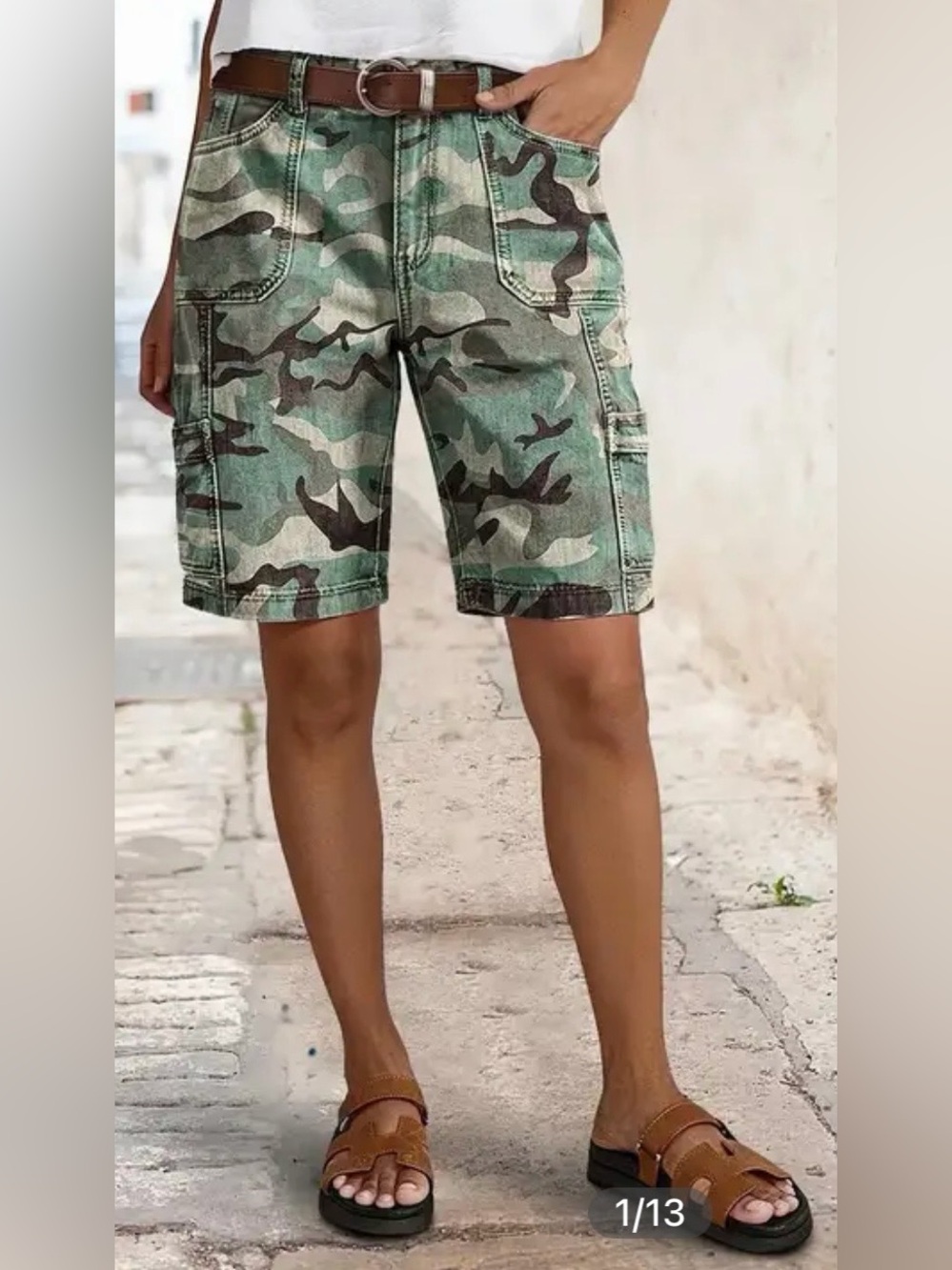 Flamingals Camo Print Patch Pocket Mid Rise Bermuda Shorts